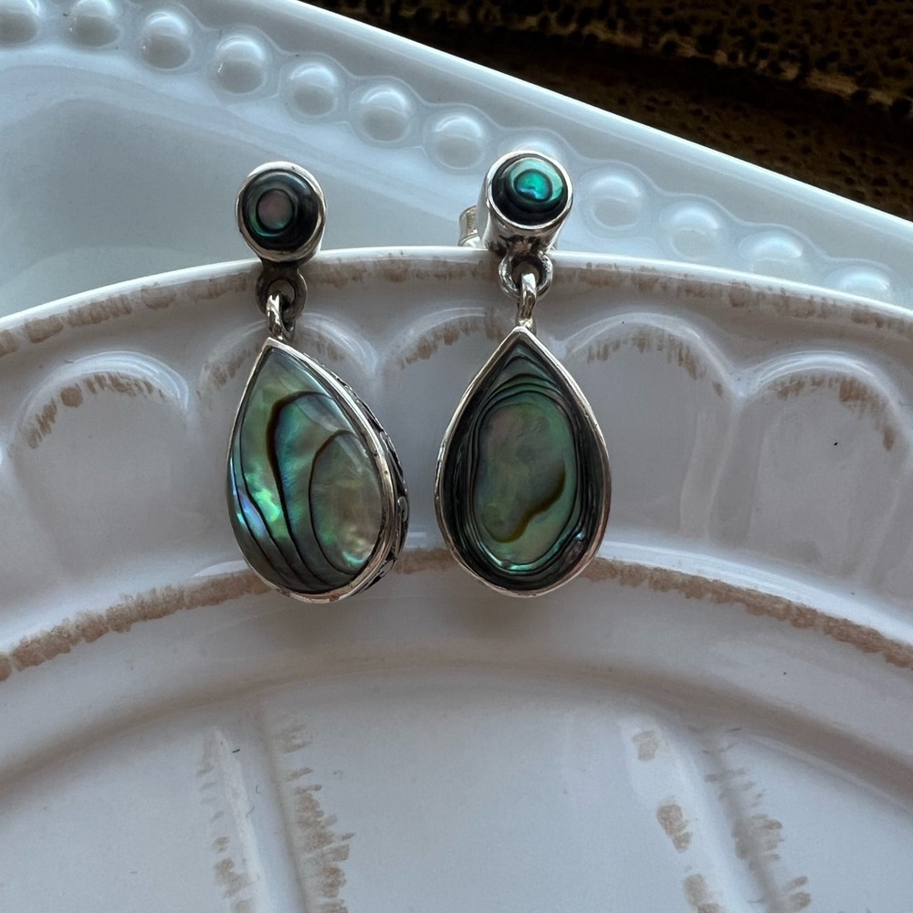 Vintage Abalone Shell Teardrop Dangle Earrings Silver Tone
